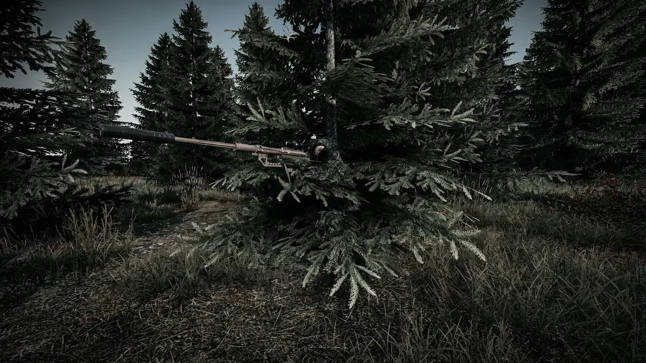 Sniper M200 v ghillie masce číhá v lese na Chernarus